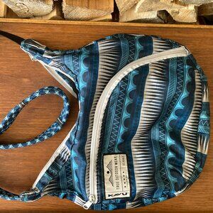Kavu blue geometric sling bag rope climbing adjustable pack body carrying purse